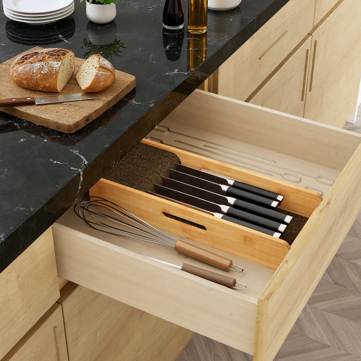 Bamboo Knife Drawer Organizer Insert, Small Kitchen Knife Storage Dock, Steak Knives Holder Tray for Drawer Organization